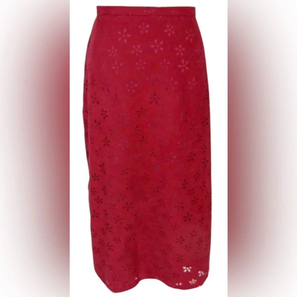 COLDWATER CREEK LASER CUT FAUX SUEDE FLORAL SKIRT PENCIL WOMEN LARGE (14-16) RED